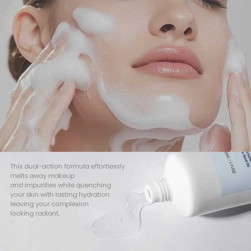 Tube of skincare product with text describing its benefits in hydrating and cleansing.